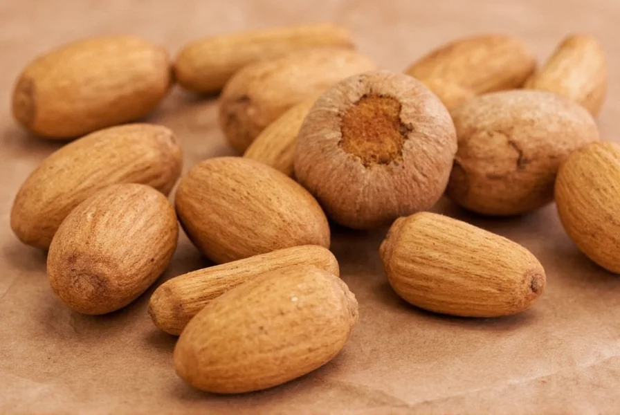 Whole nutmeg seeds next to freshly grated nutmeg on a wooden cutting board