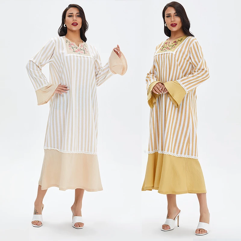 

Arab women's sleepwear pajamas robe night home wear pijamas pj gown nighty for women summer kaftan dubai casual dress, White and golden