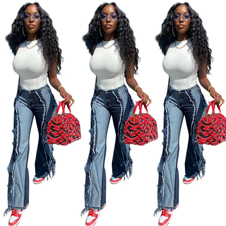 

TINA New Arrival 2021 Low Waist Raw Edge Panel Woman Jeans Individuality Burrs Patchwork Denim Jeans