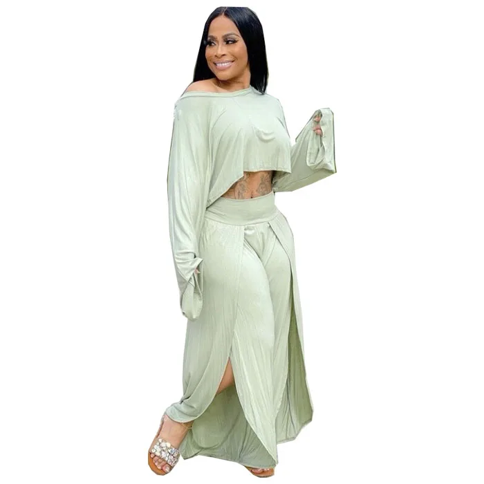 

Stylish Women Casual Summer Plus Size Cotton Solid Off Shoulder Two Piece Set Tracksuit Crop Top and Slit Pants Sets, Light green/pink