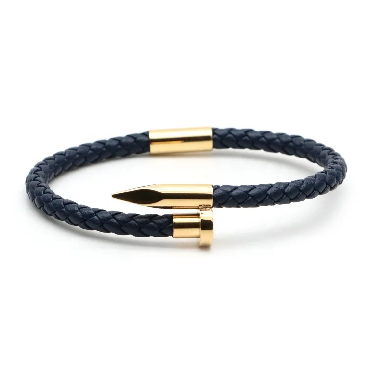 

High Quality Custom Men Women Stainless Steel Leather Bracelet Navy Blue Braided Leather Bracelet, 21 colors are available as color chart,accept customized color