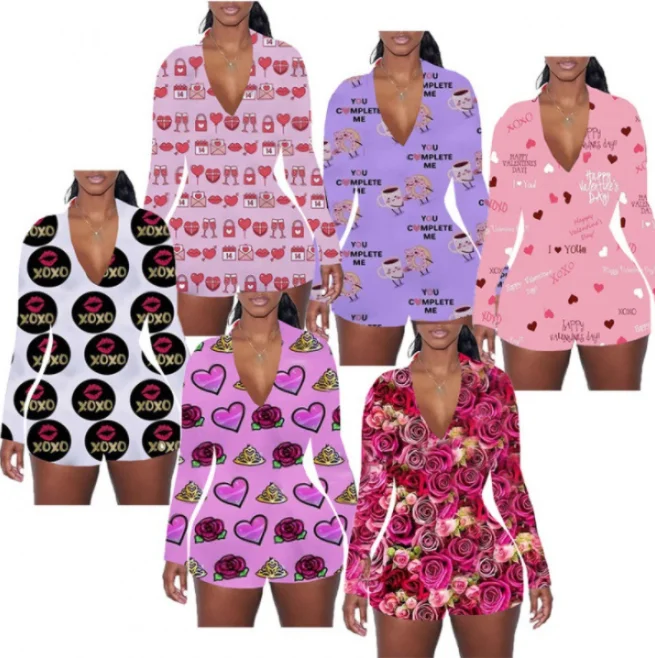 

Fashion Valentines Day Pajamas Loungewear Shorts Pajamas Floral Long Sleeve One Piece Onesie Lounge Wear Women Sleepwear Sexy, As picture or customized make