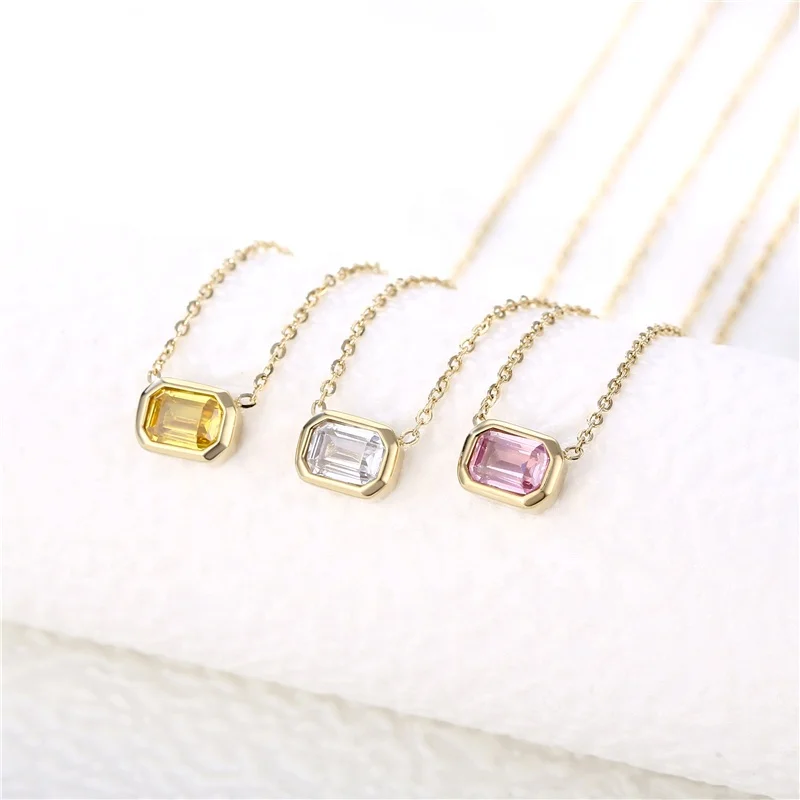 

MICCI Wholesale Minimalist Non Tarnish Free Waterproof Jewelry Pink White Square Crystal Stone Pendant 14K Gold Plated Necklace, As picture 14k gold