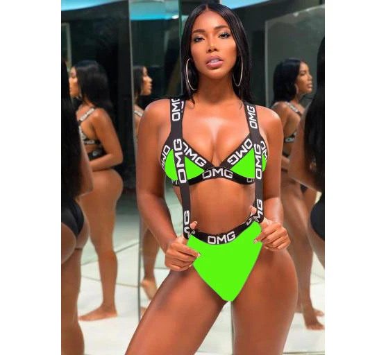 

2021 summer Women Swimwear Brazilian Bathing Suit Beachwear bikini Neon Green Bikini Set letter Bandage High Waist Swimsuit