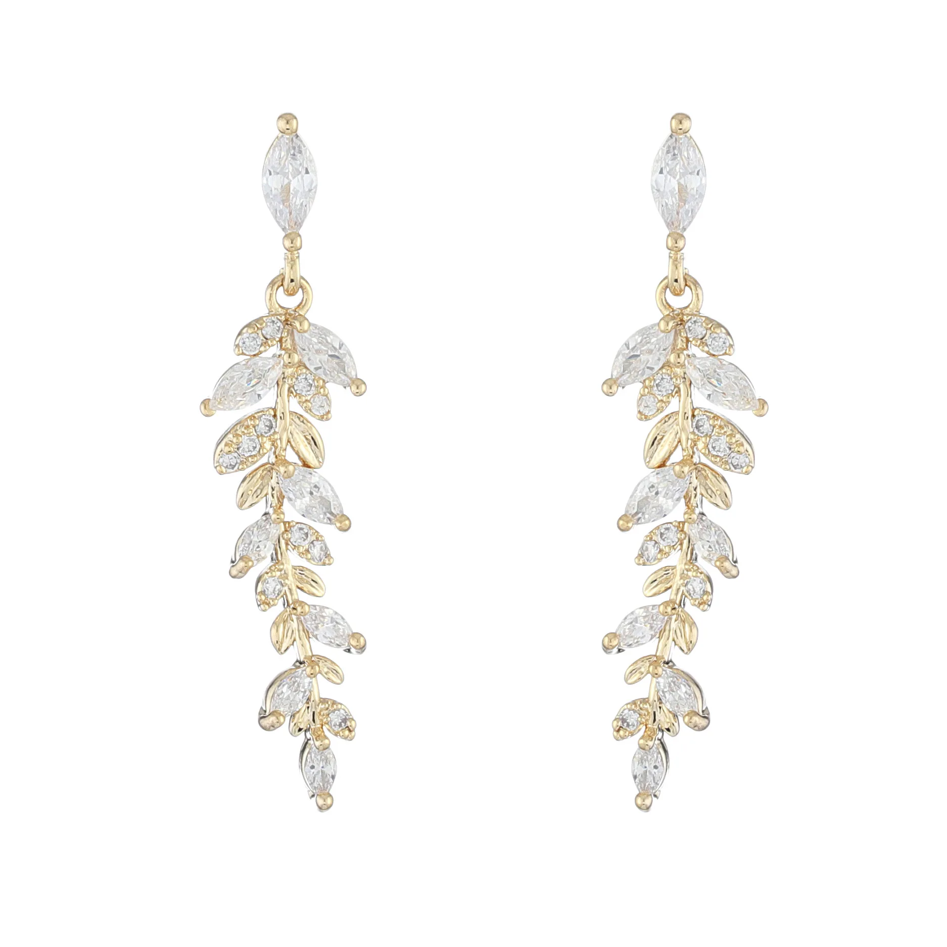 

Korean Exquisite Tiny 14k Real Gold Crystal Leaves Earrings Cubic Zirconia Leaf Drop Earring For Wedding