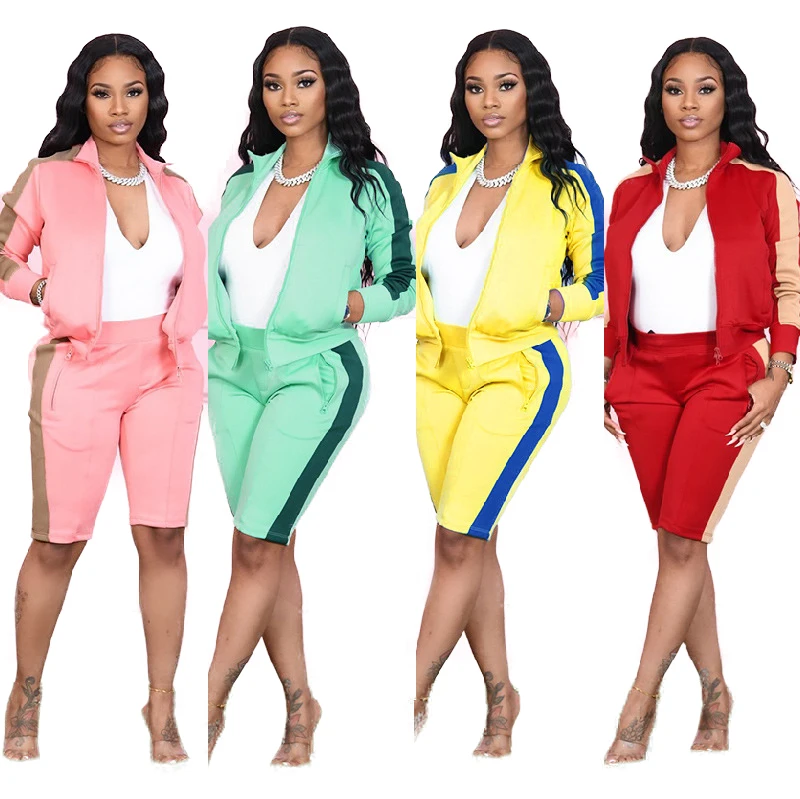 

New Arrival Patchwork Causal Long Sleeves Blazer Jacket and Short Pants Suit Plus Size Two Piece Set 2021 Fall Women Clothes, Three different color