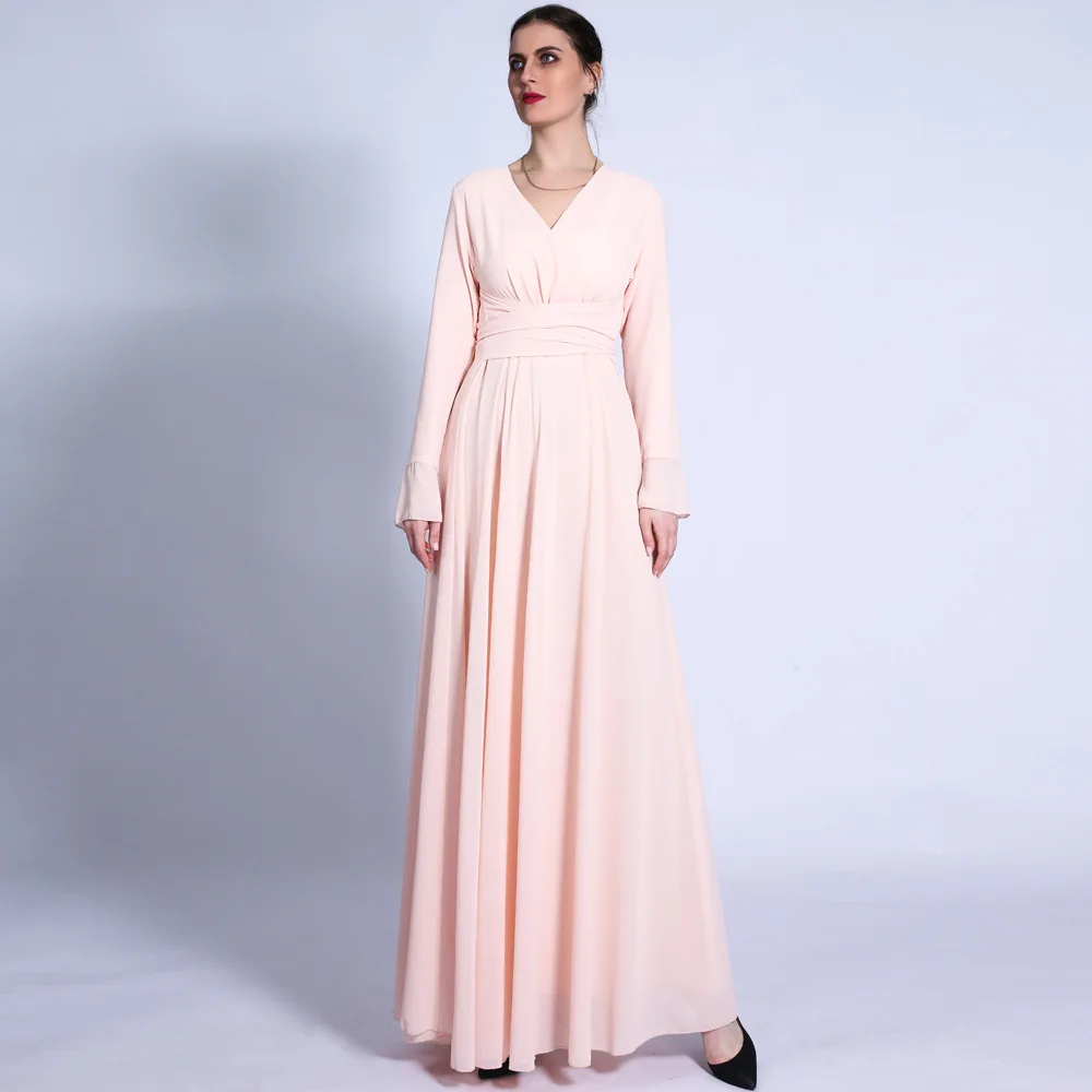 

Islamic Clothing Middle East V Neck Muslim Evening Dresses Abaya Women Plus Size Long Sleeve Bandage Maxi Dress