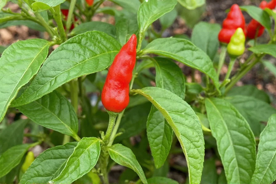 Carolina Reaper pepper plants growing in garden with red mature peppers and green immature ones visible
