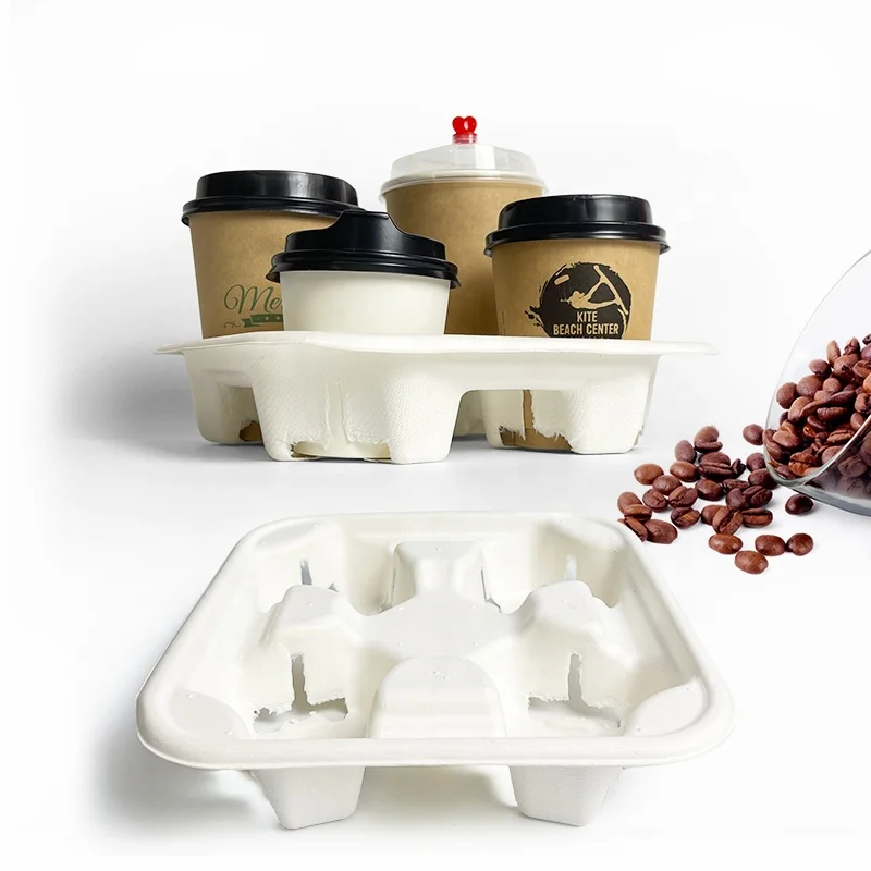

Biodegradable Takeaway Disposable Sugarcane Pulp Coffee Drink 4 Cup Holder Tray Cup Carrier