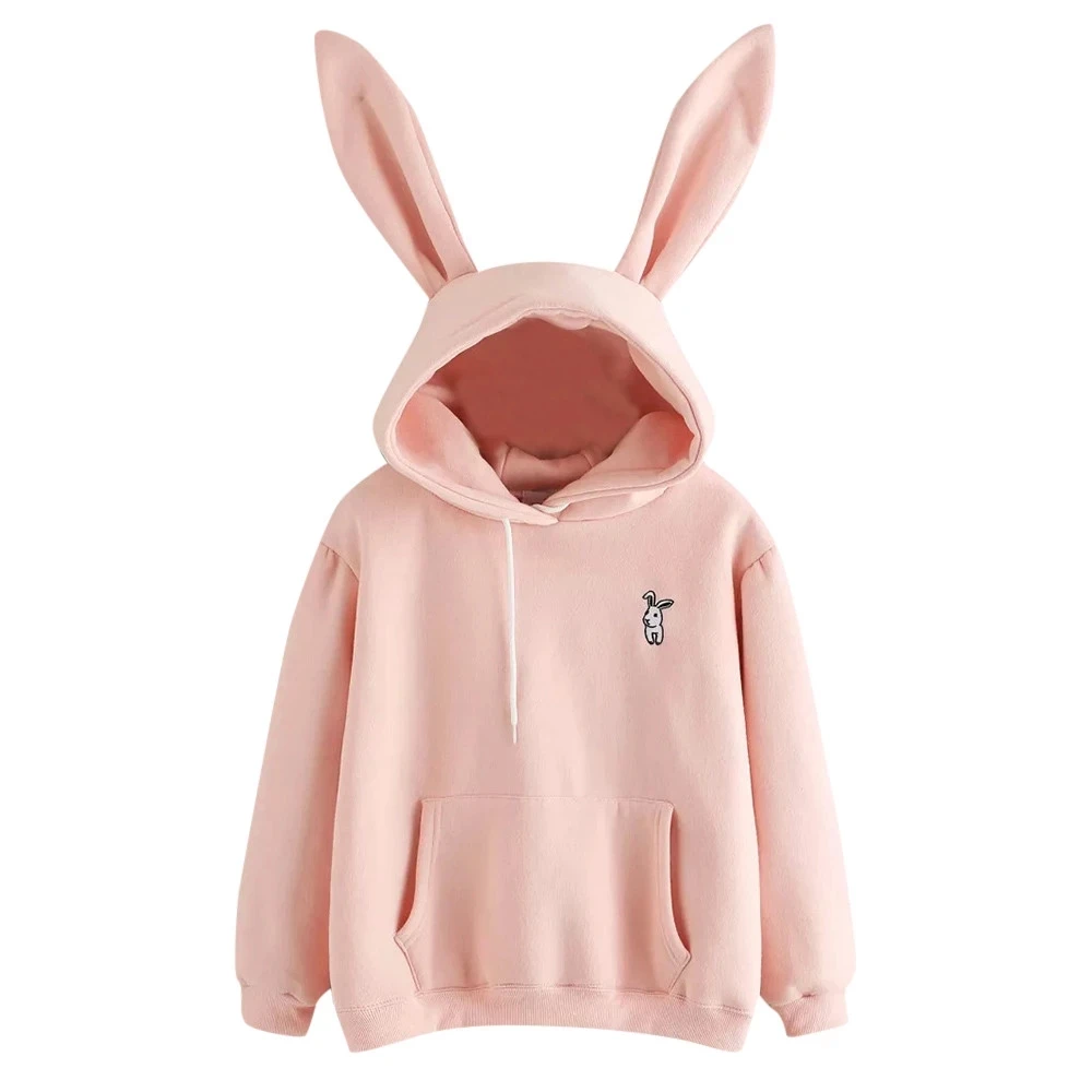 

Wholesale Winter Women Hoodies Kawaii Rabbit Ears Fashion Hoody Solid Color Warm Sweatshirt Hoodies For Women Cute Girl, Pink