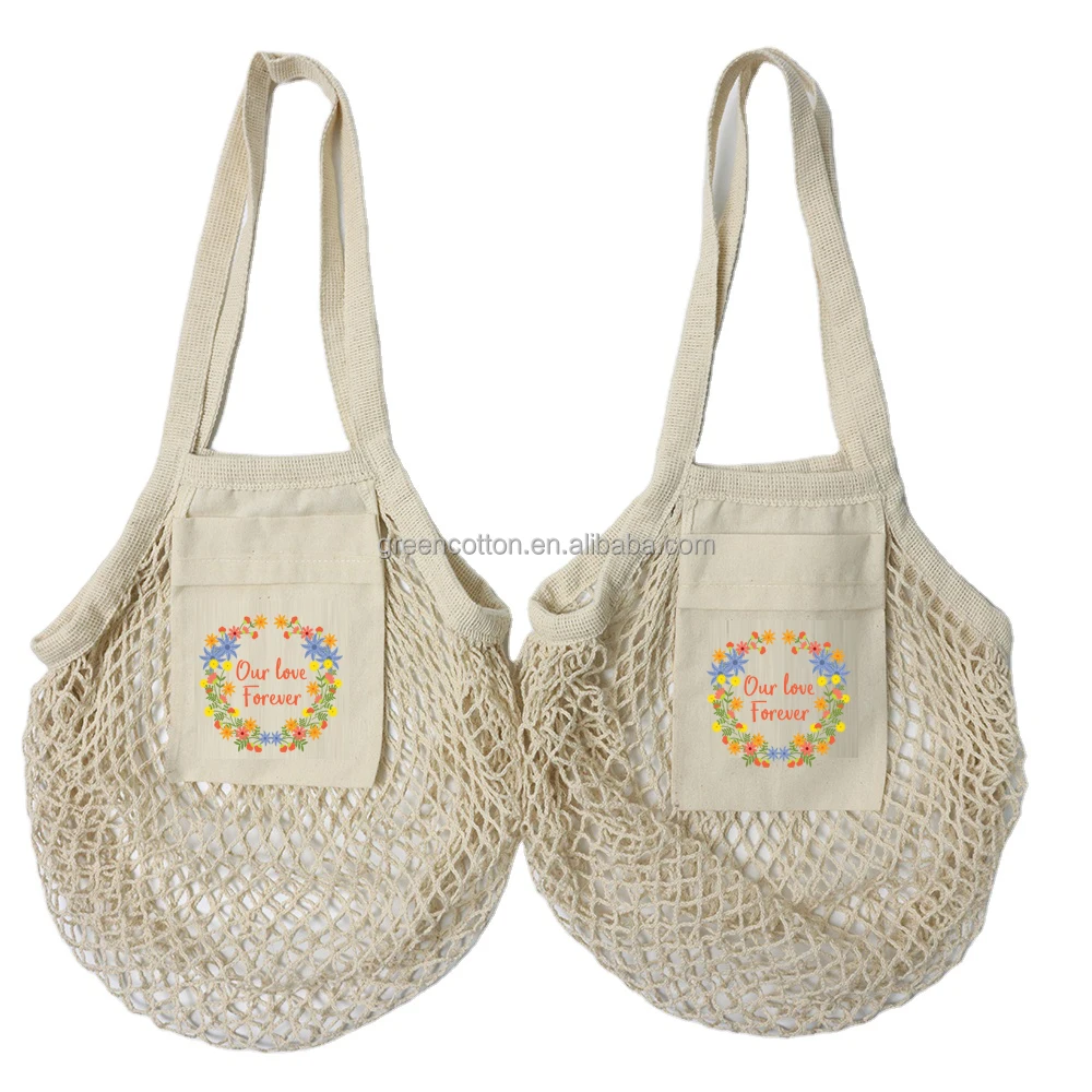

Yiwu Greencotton Custom Logo With Pocket Cheap drawstring net shopping bag cotton mesh bag