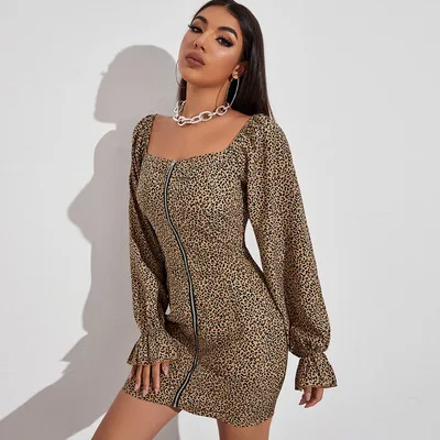 

2021 European and American Amazon autumn and winter women's lace strap low chest zipper lower dress, Multi color