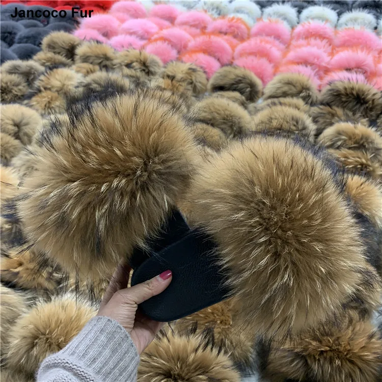 

Jancoco Wholesale Fashion Fur Slippers Luxury Custom Real Raccoon Fur Slides Women, Customized color