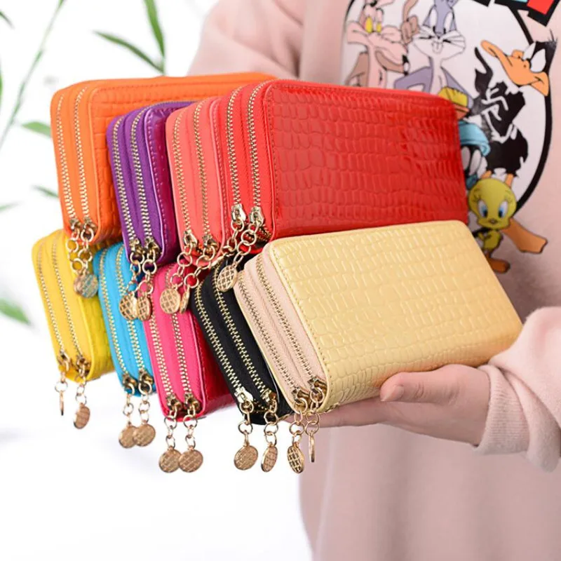 

Wholesale trendy candy color crocodile ladies long double zip wristlet cell phone purse hand wallet for women, Brown,red,blue,black,yellow,rose,pink,beige, blue,purple