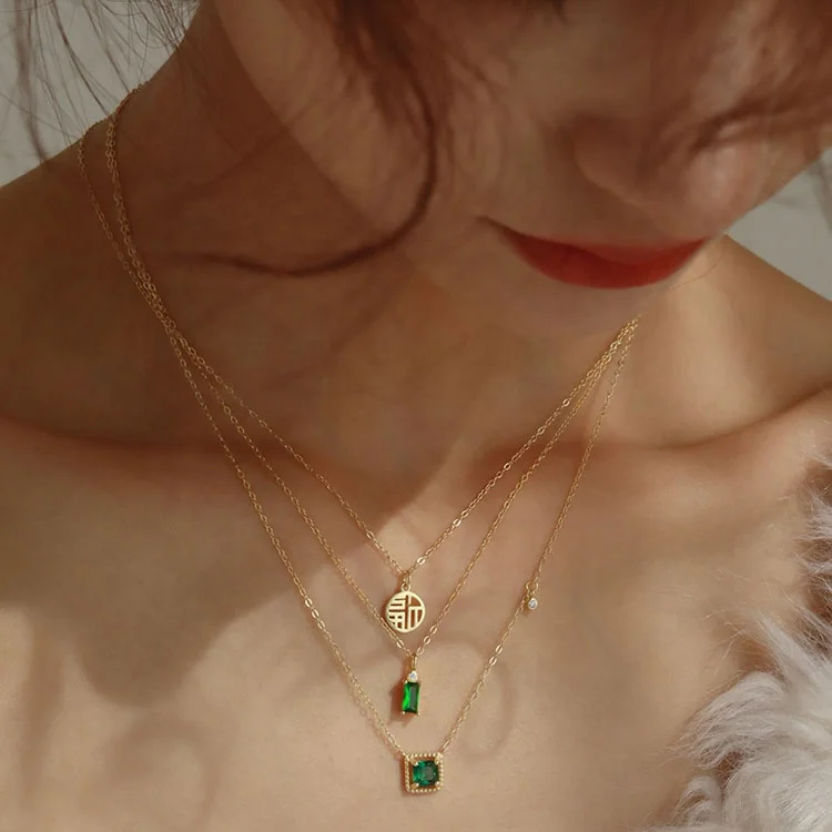 

Vintage Pure 925 Sterling Silver Square Emerald Necklace 14K Gold Plated Green Zircon Thin Sweater Chain Women Fine Jewelry