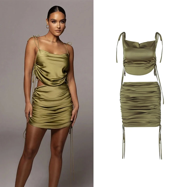 

2021 Wholesale Chic Fashion Satin Sleeveless Backless Tops Women Sexy Crop Skinny Solid Casual Summer 2 Piece Set Women