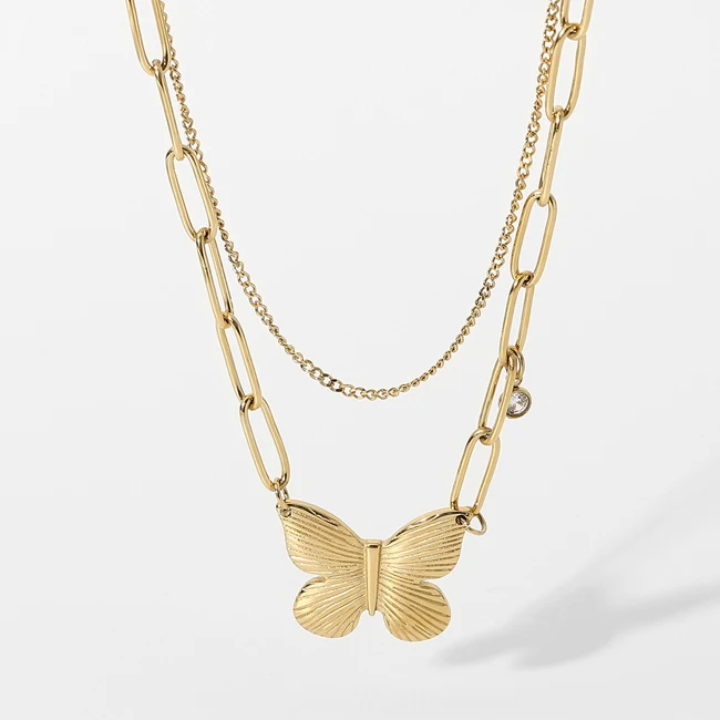 

Trendy chunky hiphop jewelry 14k gold plated waterproof stainless steel double chain Stackable butterfly Choker Jewelry