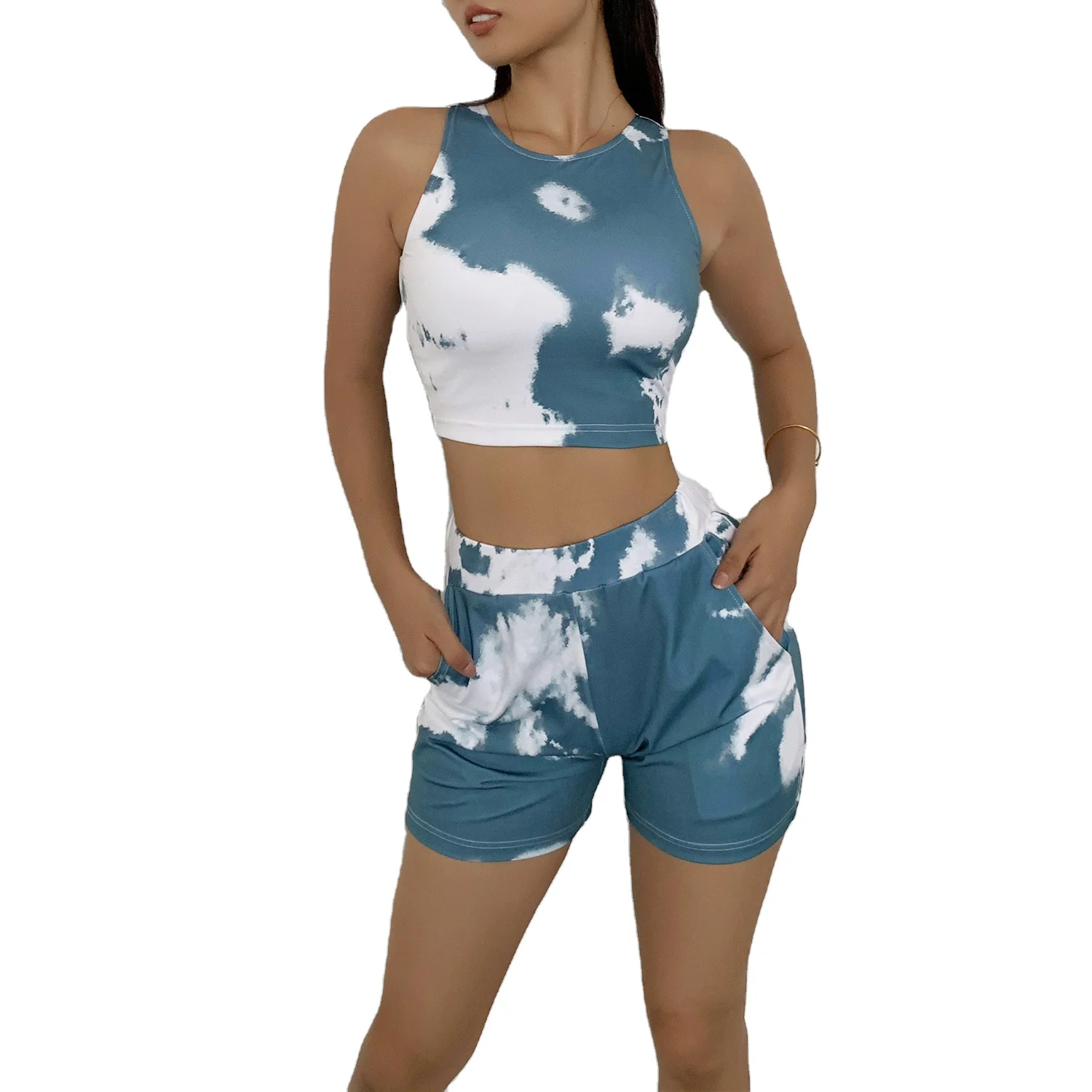 

Customized High Quality Quick Dry Crop Tank Top Gym Shorts Two Piece Set Fitness Tie Dye Yoga Suit For Women, 3 colors