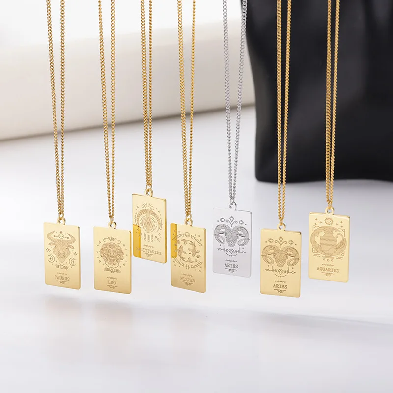 

Popular 12 Zodiac Necklace Personalized Astrology Square Tarot Card Jewelry Stainless Steel Zodiac Sign Tarot Pendant Necklace