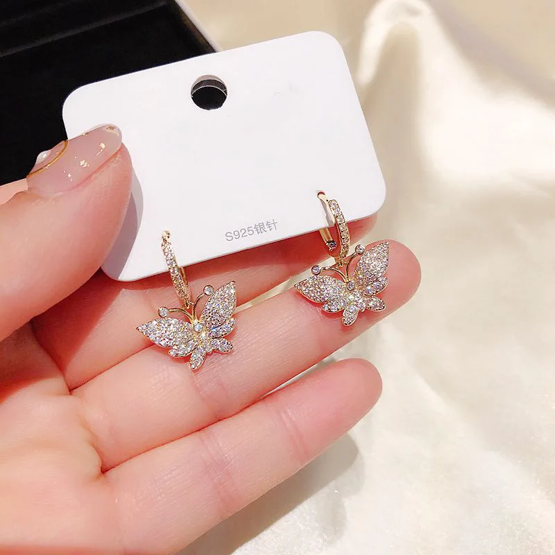 

Korea Chic Bling Real Gold Plated Cubic Zircon Butterfly Pendants Earrings Micro Pave CZ Zircon Animal Butterfly Huggie Earrings, Picture shows/custom color