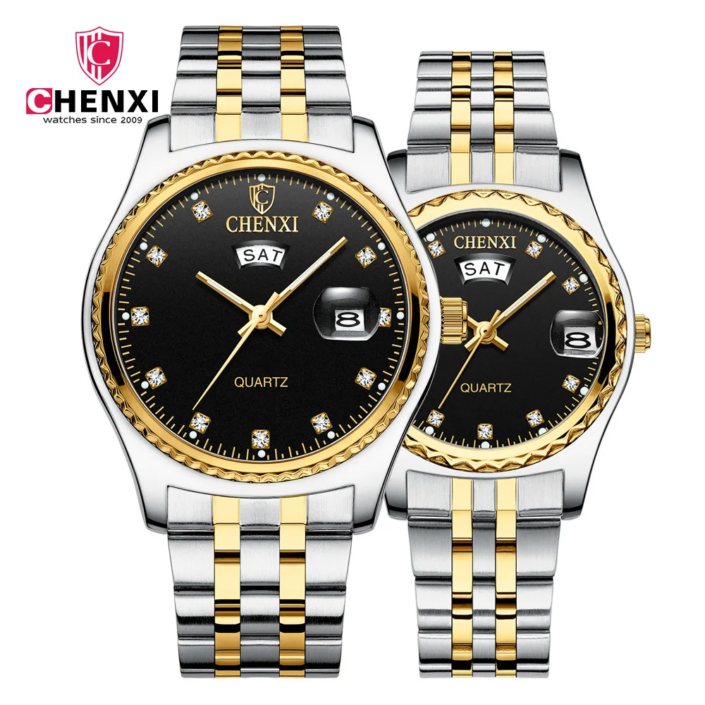 

CHENXI Lover Wathes Luxury Stainless Steel Strap Couple Watches Golden Wristwatches Business Analogue Quartz Couple Watch Gift