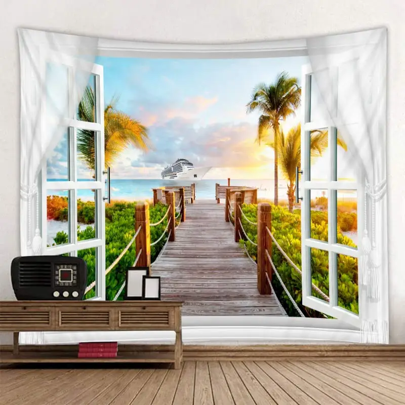 

Custom Tapestry Sunshine Cruise Ship Coconut-tree Window Tapestry Home Room Decor Tapestry Wall Hanging, Customized color