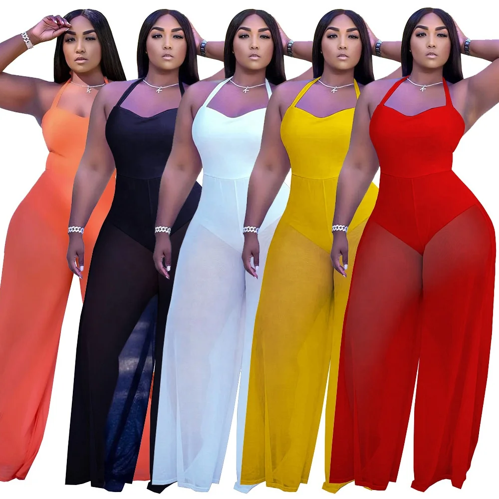 

MT74-8166 Wholesale women's clothing solid color stitching strappy halterneck loose women's jumpsuit
