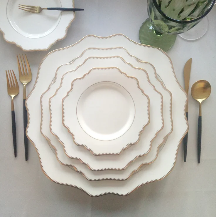 

White Wedding Decor Porcelain Dinnerware Sets, Sunflower Gold Rim Ceramic Dinner Plates, Customized