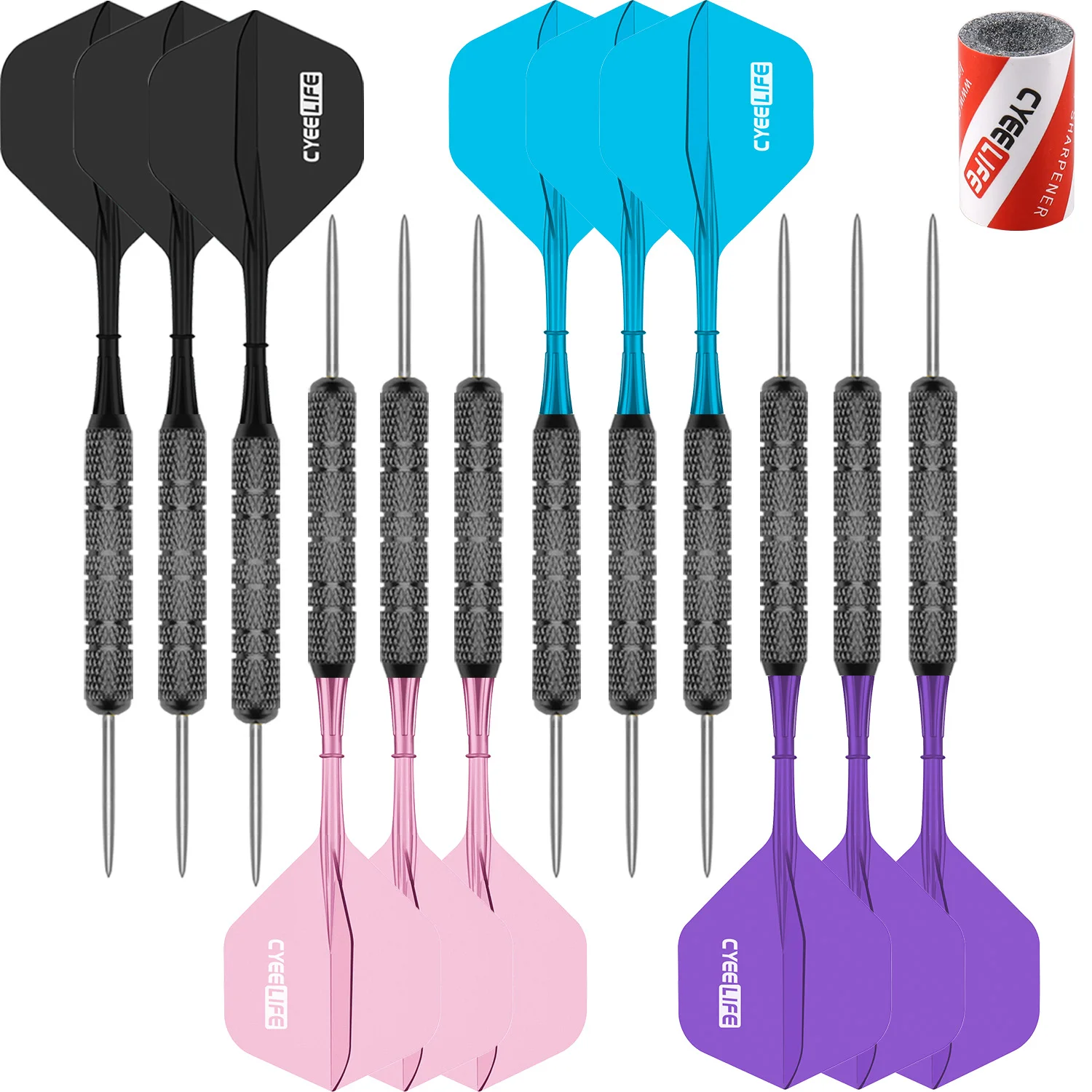 

CyeeLife 20g 12 Pack Colorful Integrated Shaft and Flight with Dart Sharpener Steel Tip Darts Set, Muti color