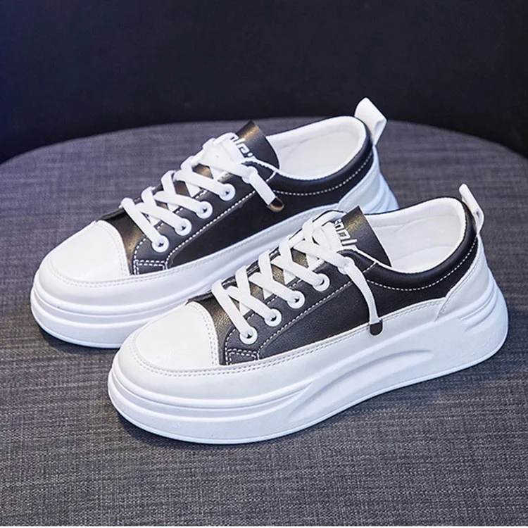

Fashion PU Leather Thick Sole Women White Running Shoes Young Ladies Casual Flat Shoes