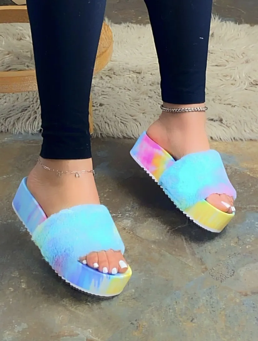 2020 Wholesale Fashion Tie Dye Fur Women Sandals High Quality Sandals For Women And Ladies Custom Slides Sandals With Logo