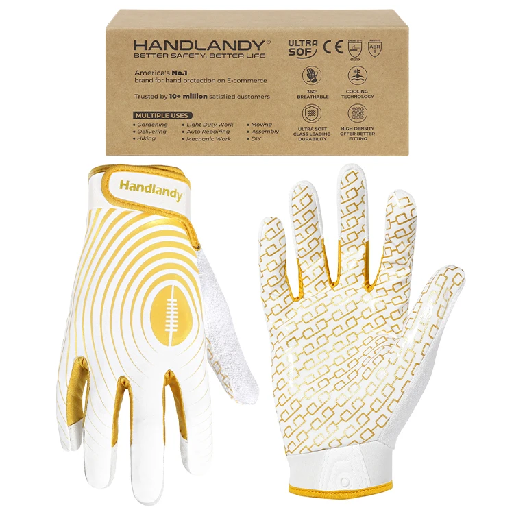 HANDLANDY Brand Stock Wholesale Golden Synthetic Leather Silicone Coating Great Grip Anti-slip Kids American Football Gloves