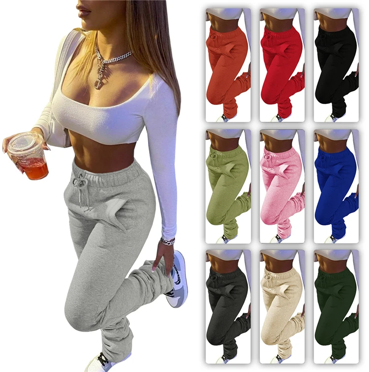 

2020 Women Plus Size Thick Fleece Fabric Fall Winter Back Pocket Girls Drawstring High Waist Sweat Stacked Pants Trousers, 9 colors