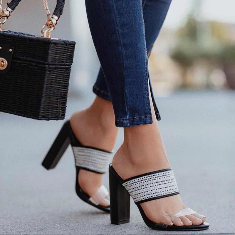 

DEleventh Shoes Woman Slip-On Open Toe Transparent PVC Heels Sandals New Fashion Sexy Ladies Dress Coarser Heel Slipper Black