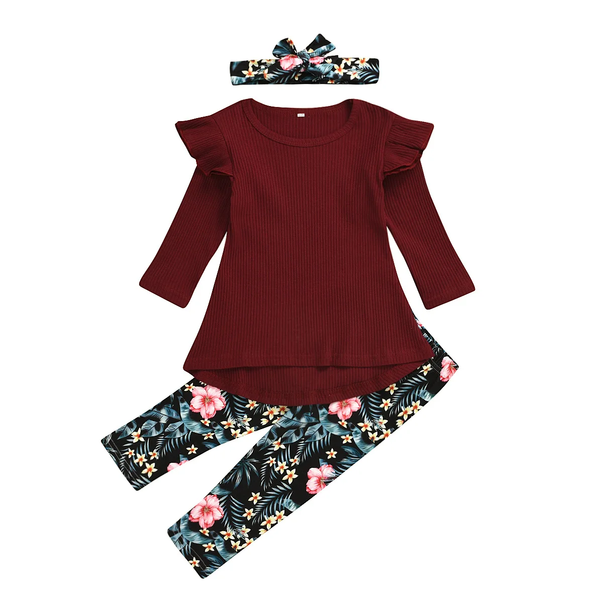 

New 2020 wear amazon hot style girls pit tshirt flower pants suit three pieces wear children clothes for hot selling, As pic shows, we can according to your request also