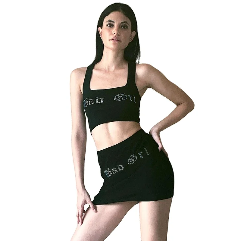 

ST0180 AINI Summer Diamond Cute Sleeveless Outfits For Women Skirts And Top Set Two Piece Set, Purple / black