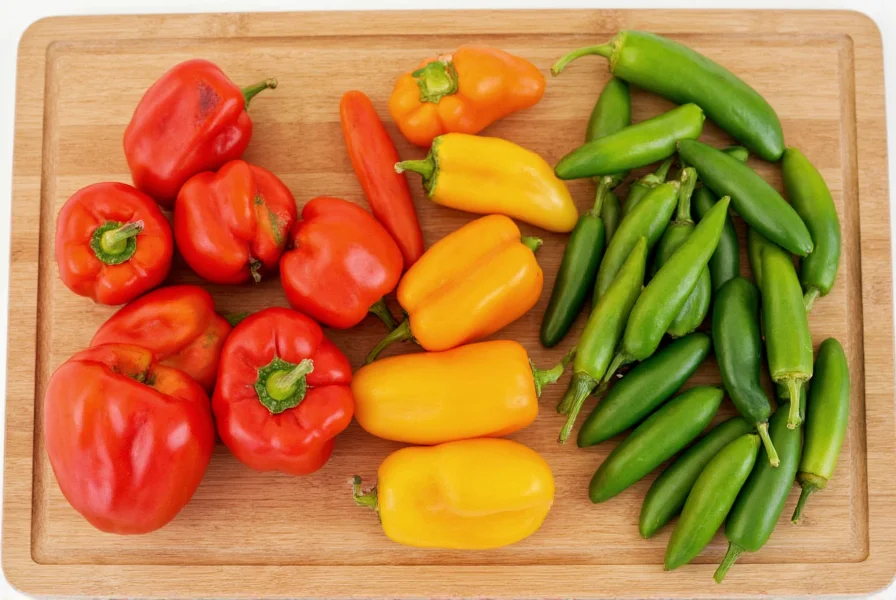 Assorted fresh bell peppers and jalapeños arranged on wooden cutting board for pizza preparation