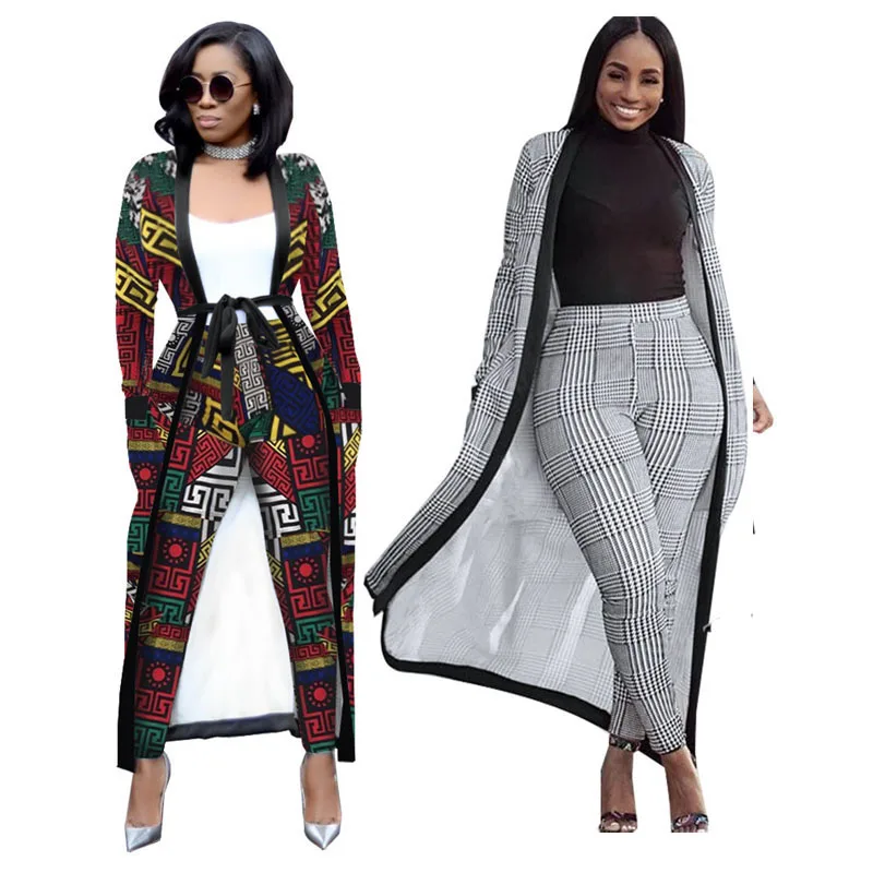 

Print Open Front Cardigan Cover Up Long Pants Set 2 Piece Women Outfits, Red, gray