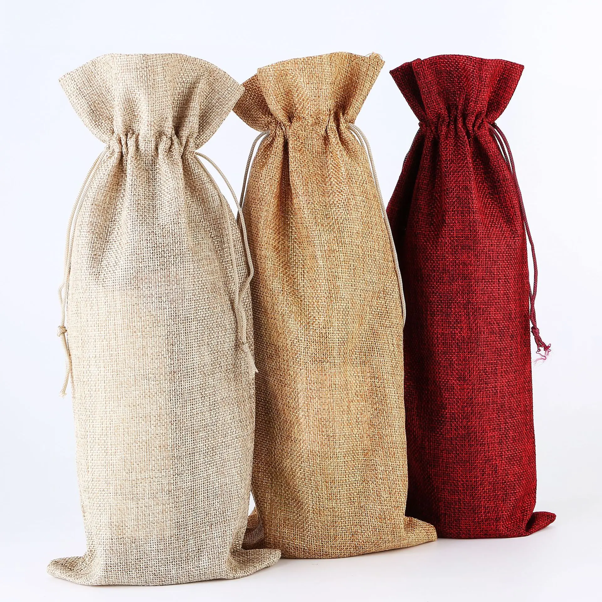 

35x15cm drawstring jute wine bag for 750ml red wine bottle, Colorful