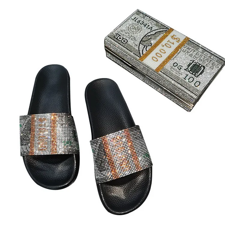 

2021 new design party rhinestone dollar bling clutch bag and sandal womens girls bling shoe and purse match sets