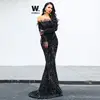 off shoulder Celebrity Evening Party Dress Women Sleeve Mesh Sexy Fringe Tassel Dress sequins black evening long party dress