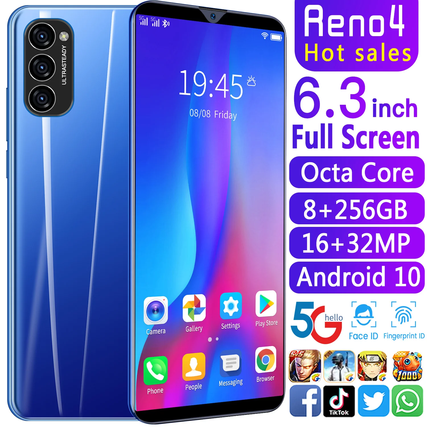 

Reno4 Global Version smartphone WiFi Record mobile phones 8GB+256GB Memory from factory directly seller Full Screen cheap phone