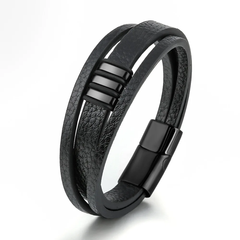 Fashion New Design Multy Layer Leather Bracelet Men Black Charm Genuine Leather Magnetic Clasp Bracelet