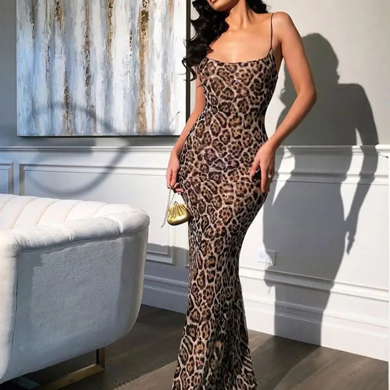 

2020 Summer Women Spaghetti Strap Maxi Dress Women New Fashion Sleeveless Dress Sexy Women Leopard Maxi Dress, Leopard print