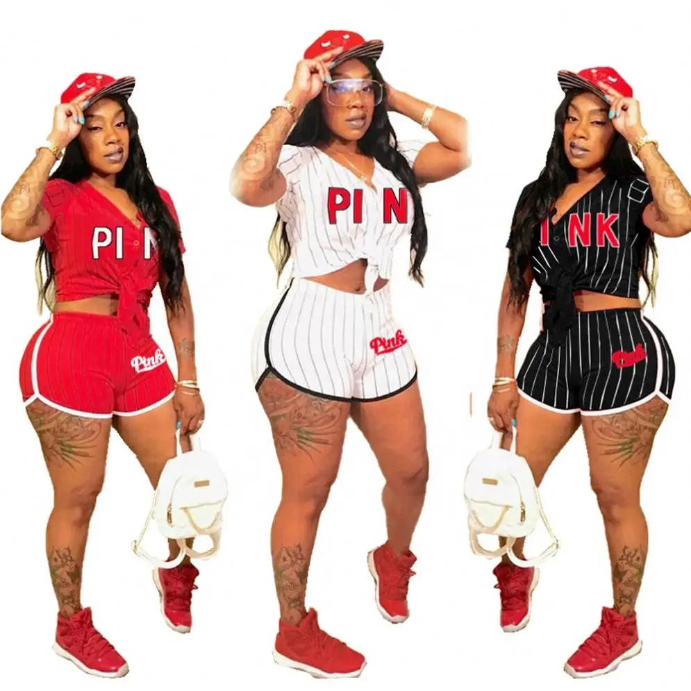 

2020 Wholesale Sleeve Shorts Tracksuit Striped Lettered Baseball Shirt Sport Wear A Two-Piece Fitness Suit