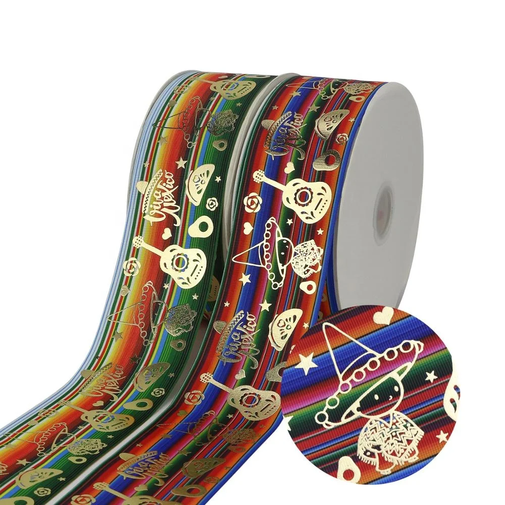 

Midi 75mm Listones Para Monos Mexican Gold Foil Print Grosgrain Ribbon, Request