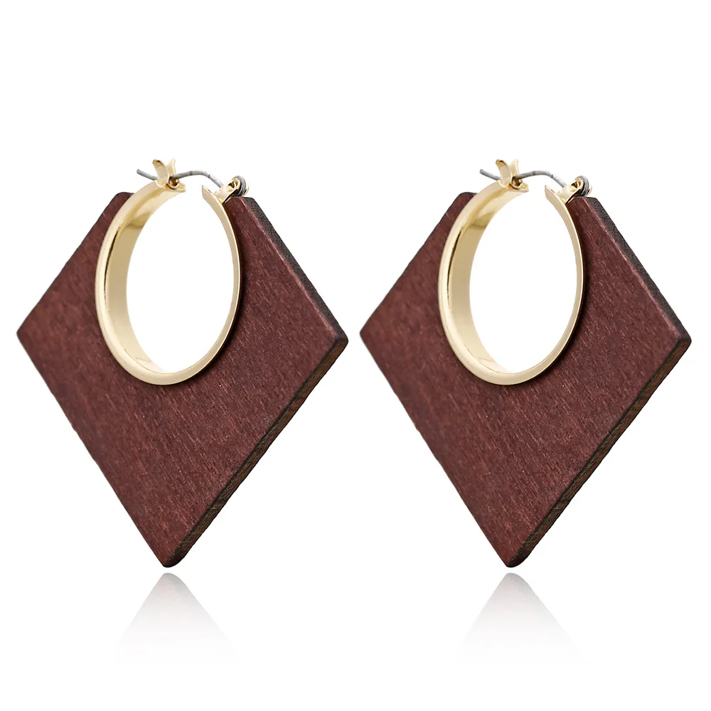 

VRIUA Ethnic Geometric Big Wooden Earrings For Women Vintage Earrings Gold Dangle Drop Earring 2019 Female Fashion Boho Jewelry