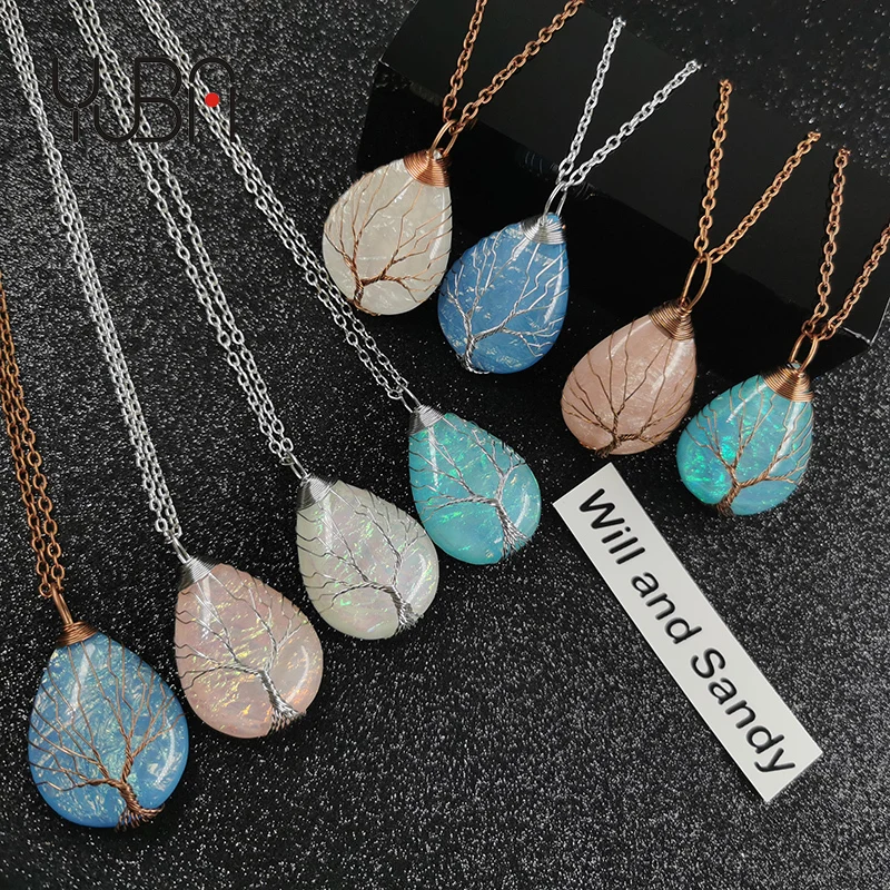 

Copper Wire Wrapped Tree Of Life necklace resin water drop Pendants Necklace