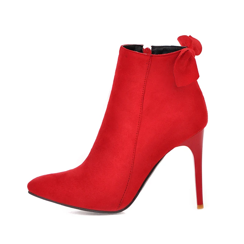 

Autumn Ladies Ankle Boots Black Red Suede High Heel Pointed Toe Back Bowknot Booties For Women