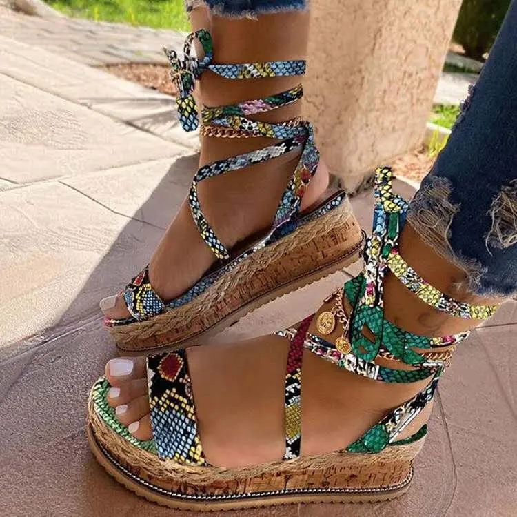 

Large size summer new women's foot ring straps snake print sequins large size platform women sandals, Pictures